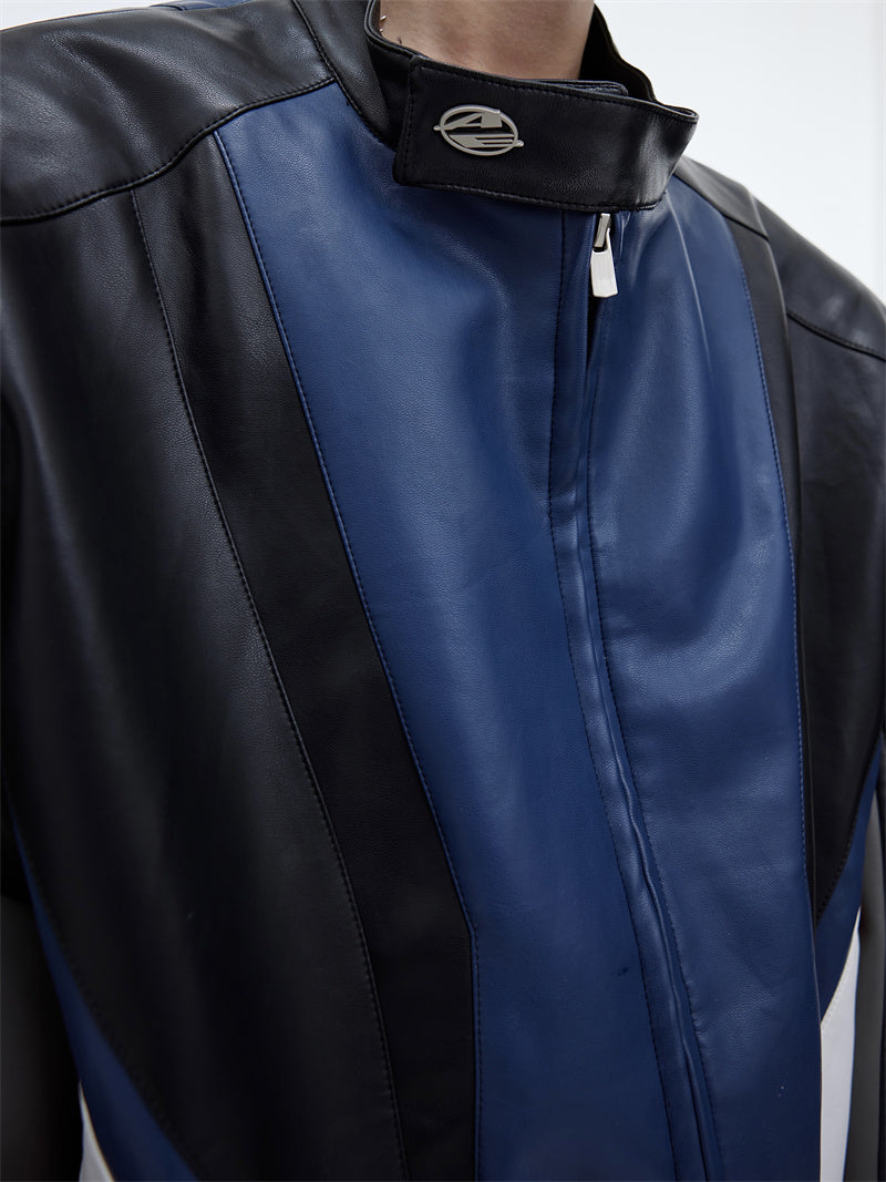 Men's Splicing Color Motorcycle Suit PU Leather
