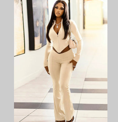 Womens Slim Fit Solid Color Zip Up Crop Top And Pants Set