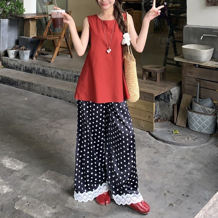 Back-tie Tank Top And Polka-dot Wide-leg Pants Two-piece Set For Women, Perfect For Summer