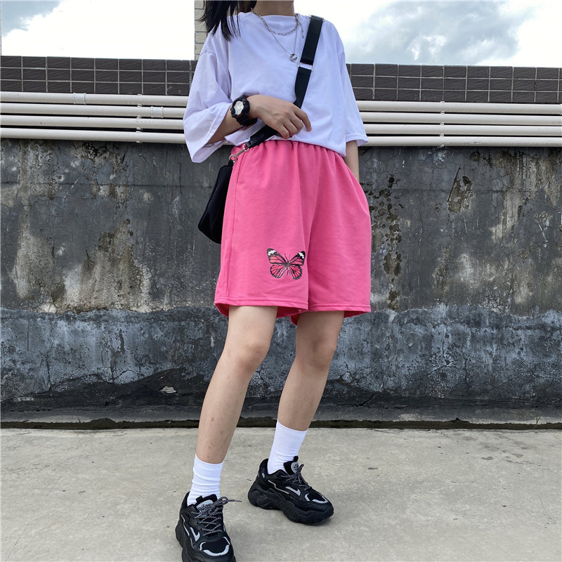 Rose red butterfly casual five-point track pants