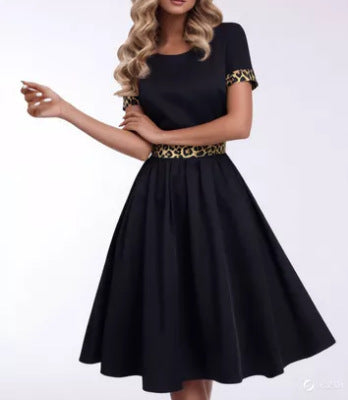 Womens Spring New Leopard-Print Crew-Neck Short-Sleeve Dress