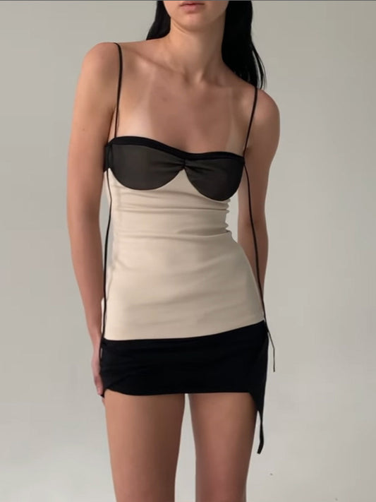 French Retro Color-Block Patchwork Camisole Skirt Slimming And Figure-Hugging