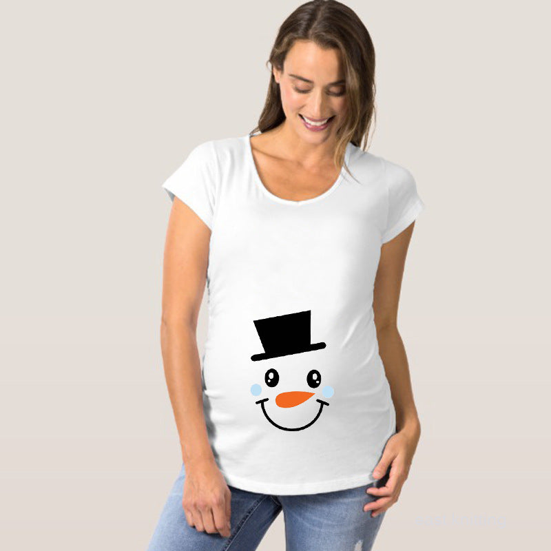 Christmas Cartoon Snowman Print Maternity Dress Summer Plus Size Maternity Short-sleeved T-shirt