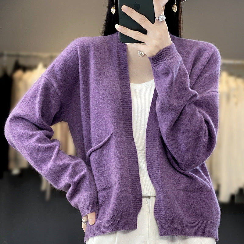 Spring And Autumn New Cardigan Solid Color And V-neck Thin Loose Slimming And All-matching Coat With Pocket
