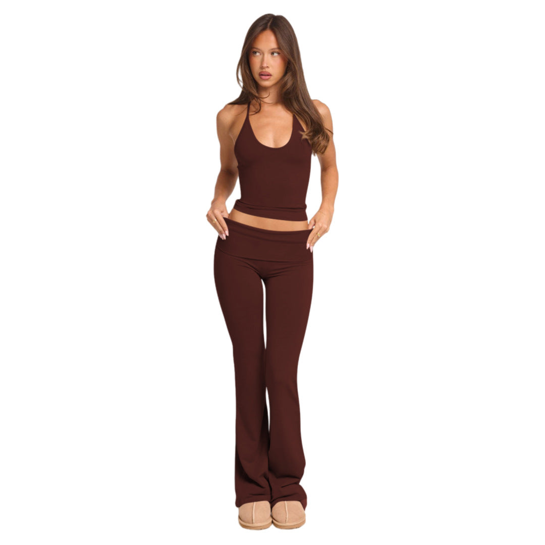 Fashionable Solid-Color Two-Piece Set With Strap Neck Tie