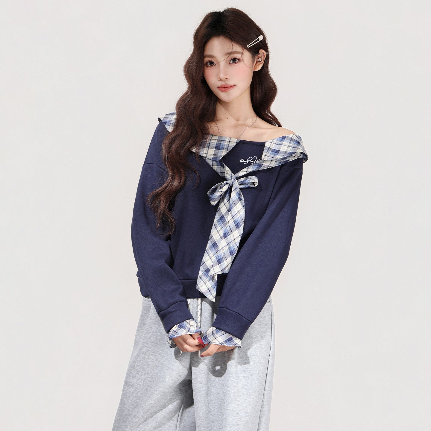 Women's Plaid Bow Off-shoulder Long-sleeve Base Shirt