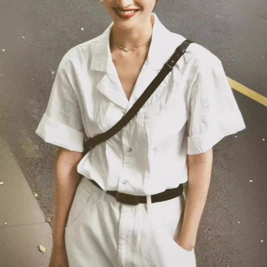 Retro White Cotton And Linen Short-sleeved Shirt For Women