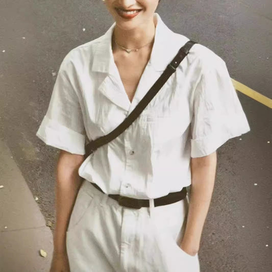 Retro White Cotton And Linen Short-sleeved Shirt For Women