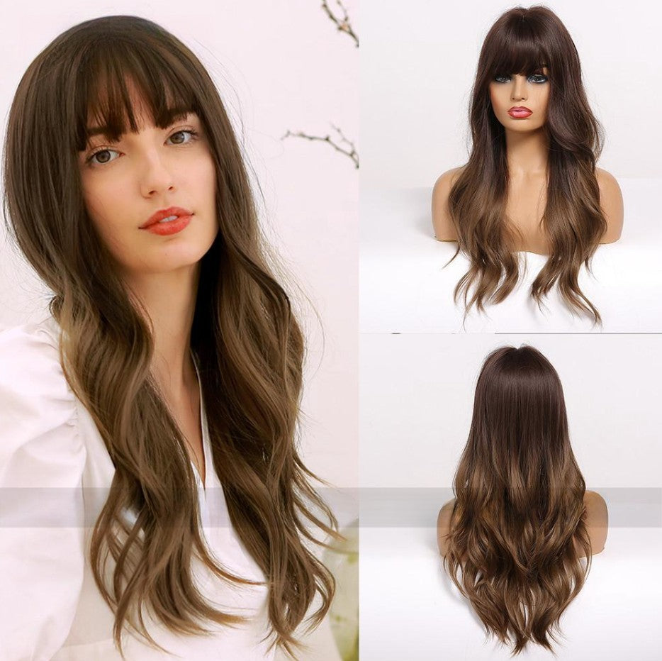 Women's Black Brown Bangs Long Curly Wig