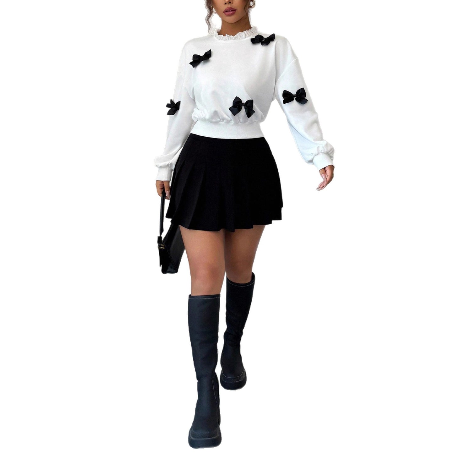 Women's Fashion Simple Bow Decor Short Hoodie