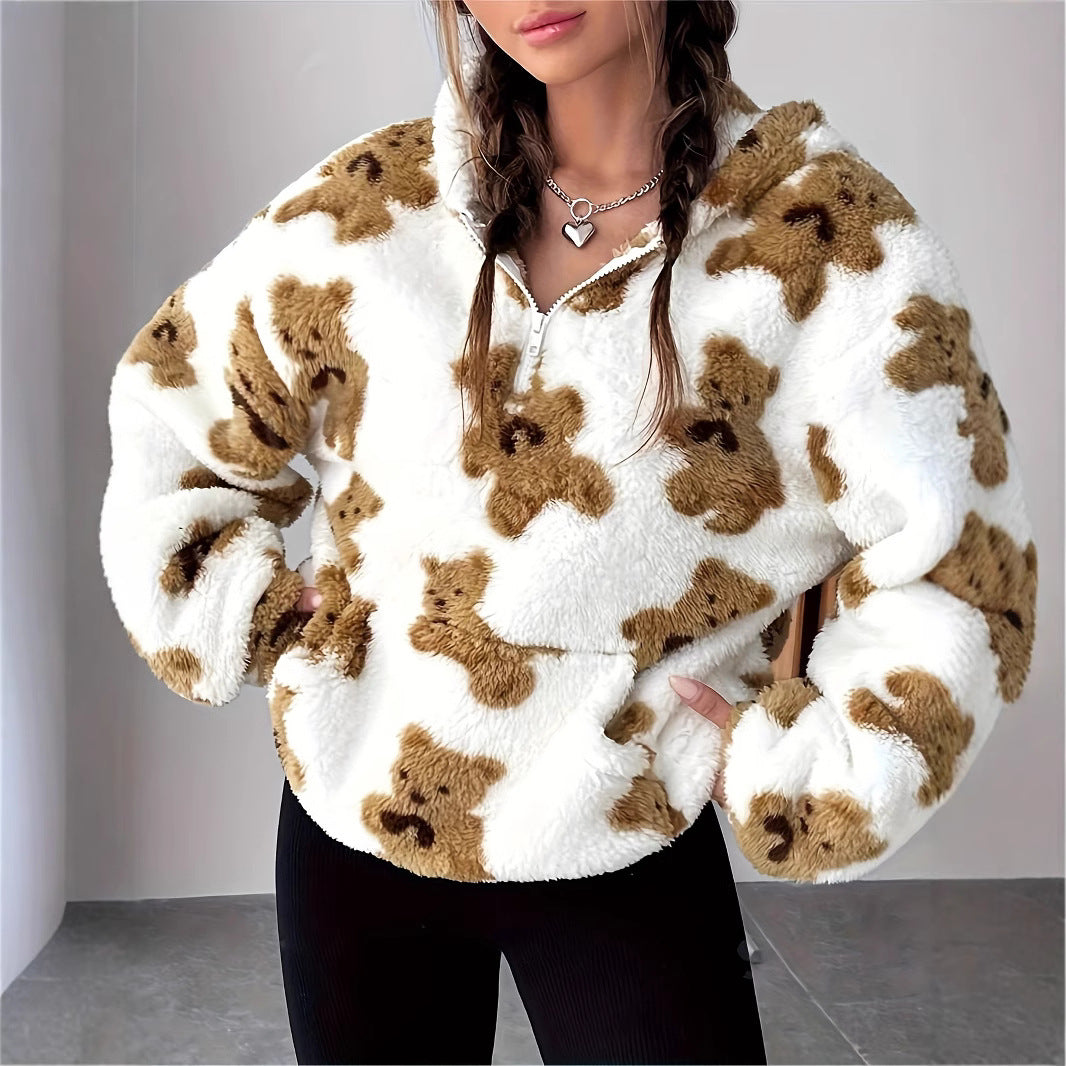 Fashion Bear Printed Plush Casual Top For Women