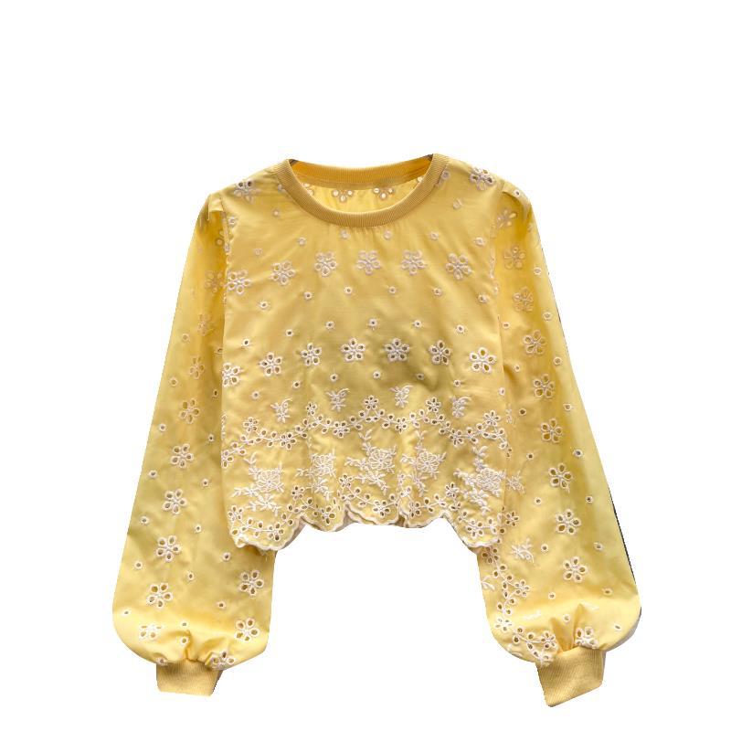 Hollow-out Slim-fit Short Age-reducing Puff Sleeve Top