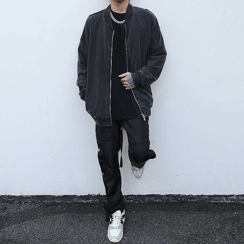 Retro Washed And Old Solid Color Flight Jacket