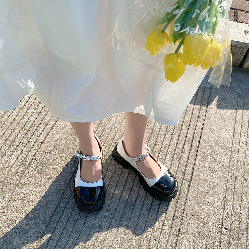 Spring And Summer Round Toe Chain Platform Small Leather Shoes