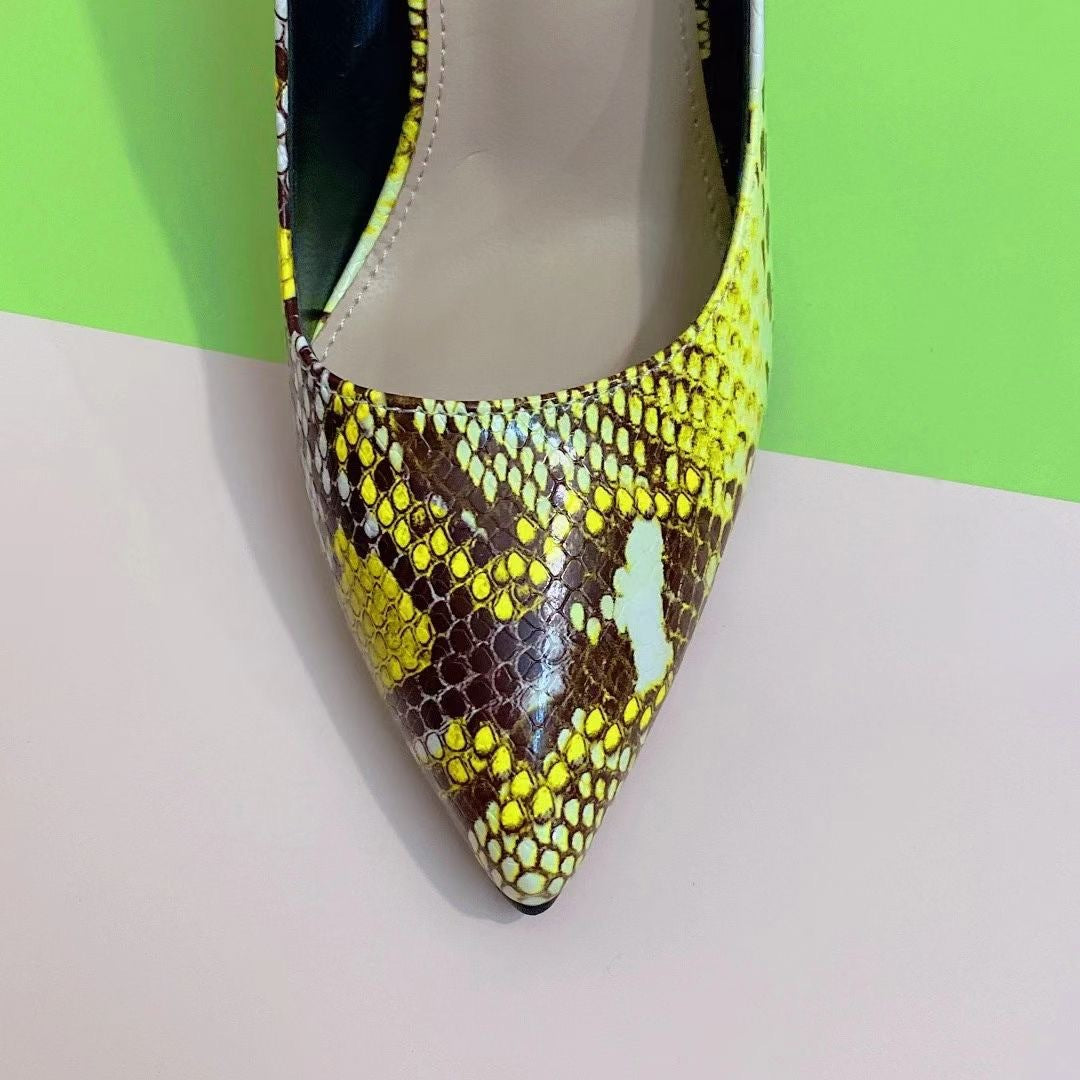Fashion Pointed Colored Snake Print Stiletto Heels