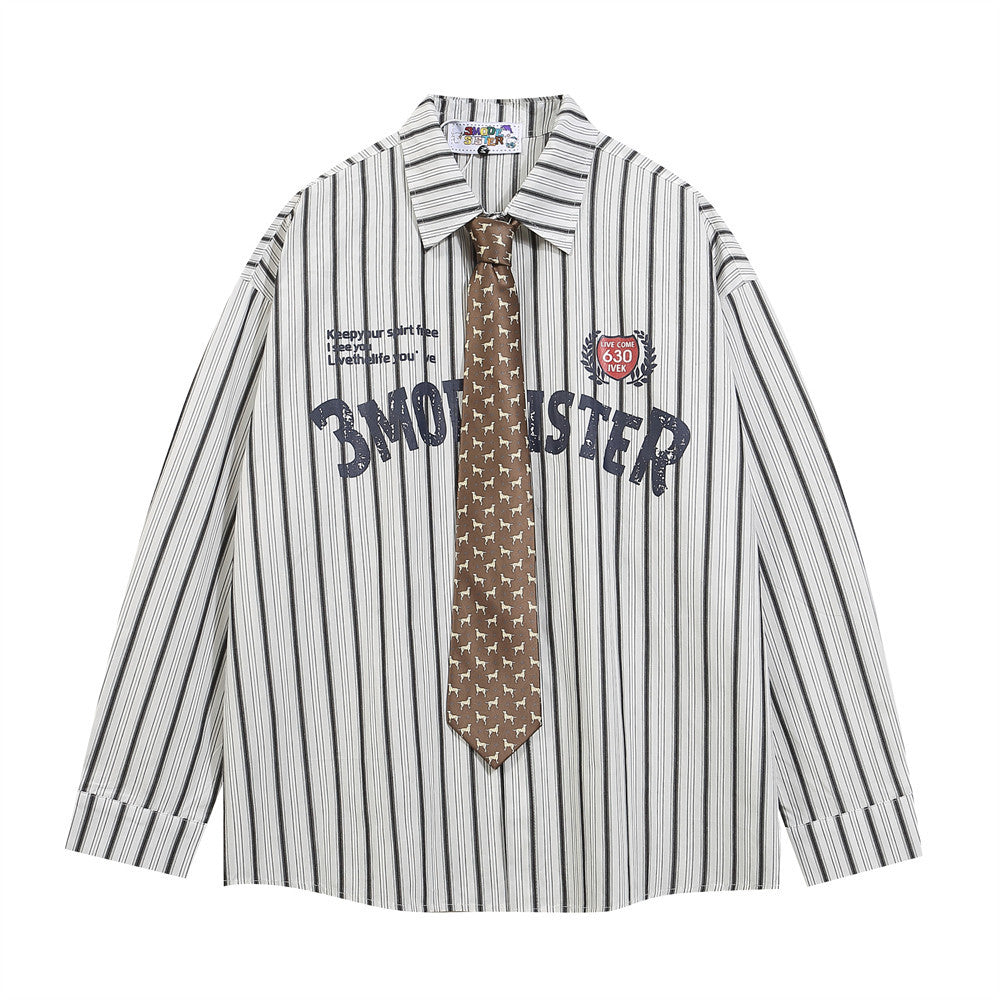 Letter Print With Tie Vertical Stripes Long Sleeve Shirt For Men