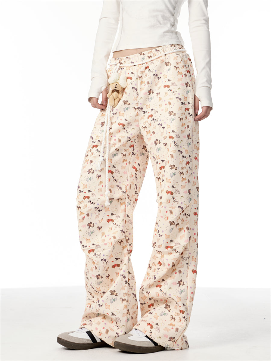 American Hand Drawn Puppy Full Printed Casual Pants Cute Doll Drooping Wide-leg Pants Female