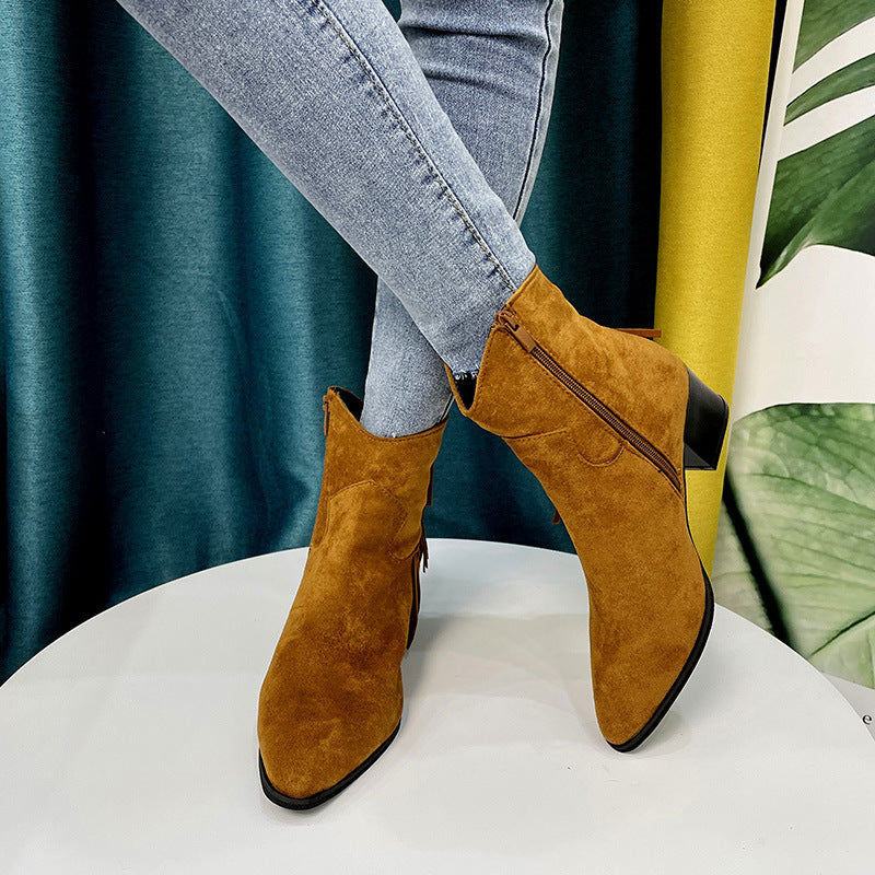Pointed Chunky Heel Side Zip Short Boots