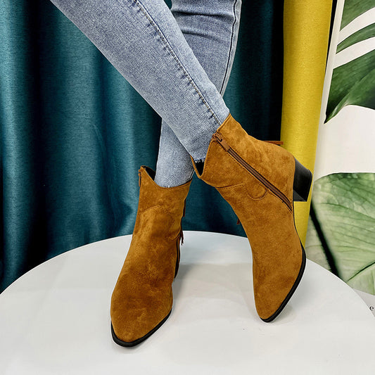 Pointed Chunky Heel Side Zip Short Boots