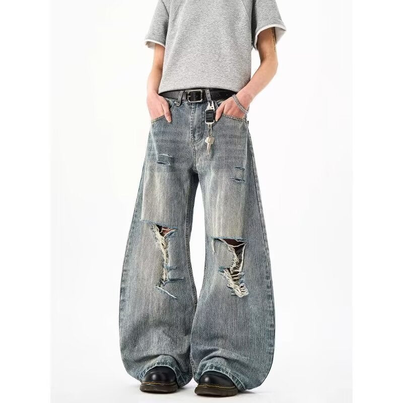 Distressed Ripped Bamboo-pattern Curved Knife High-street Loose Wide-leg Pants For Men And Women