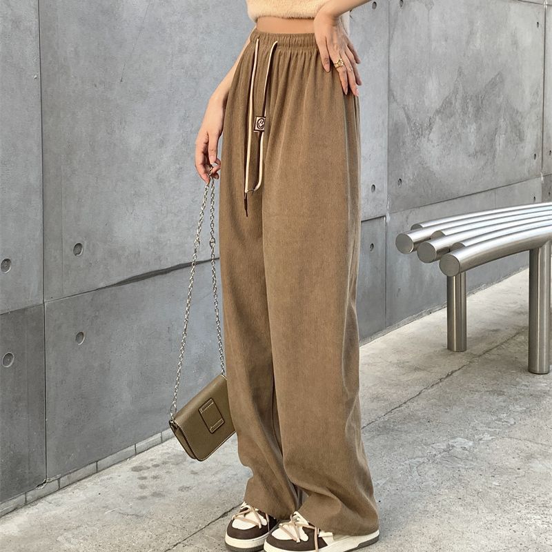 Corduroy Double Drawstring Wide Leg Pants High Waist Casual Straight Pants