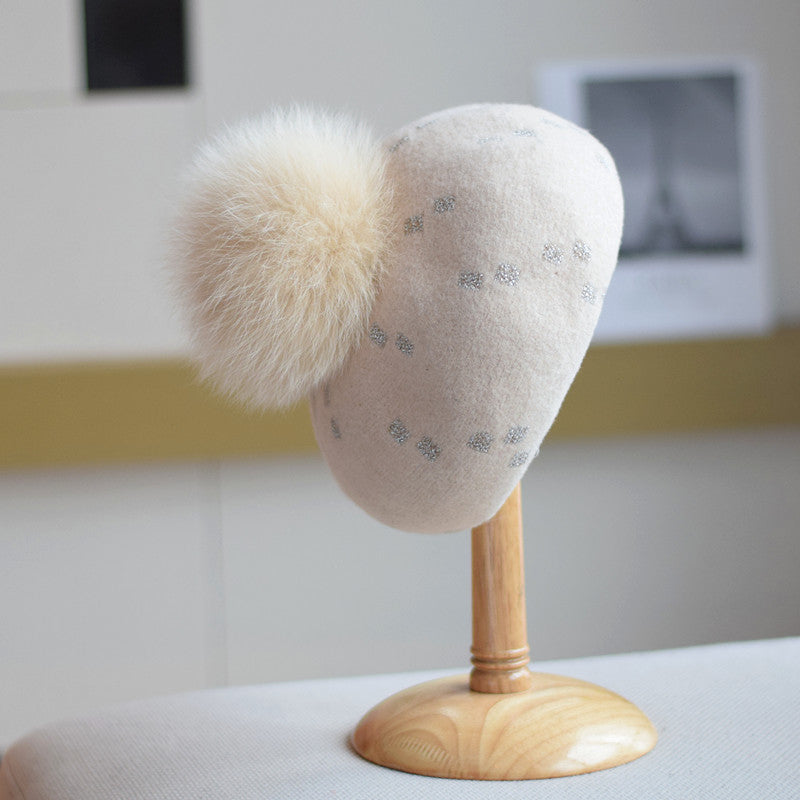 Elegant Woolen Gilding Beret Women's Korean Style Fox Fur Ball Vintage Painter Hat
