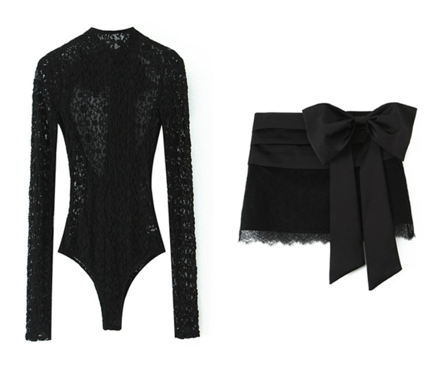 Silk Satin Texture Bowknot Decoration Lace Jumpsuit Mini Skirt