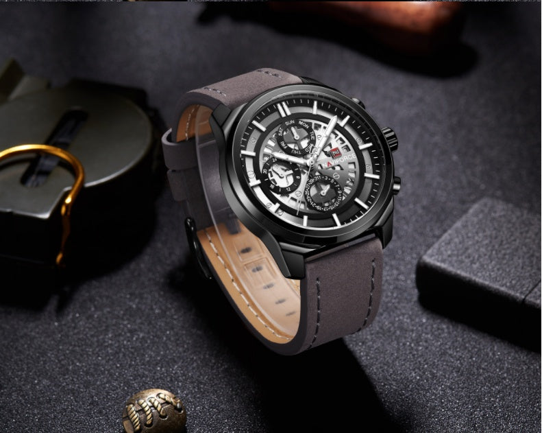 Ling Xiang NAVIFORCE new men's three-needle hollow design leather strap waterproof sports watch