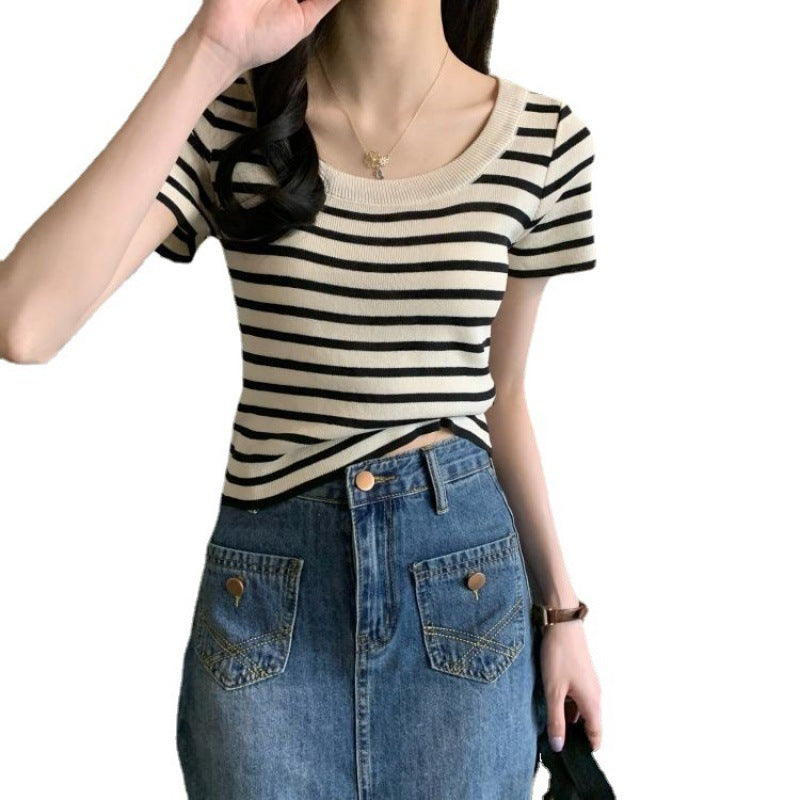 Casual Short-sleeved Slim-fit Striped T-shirt