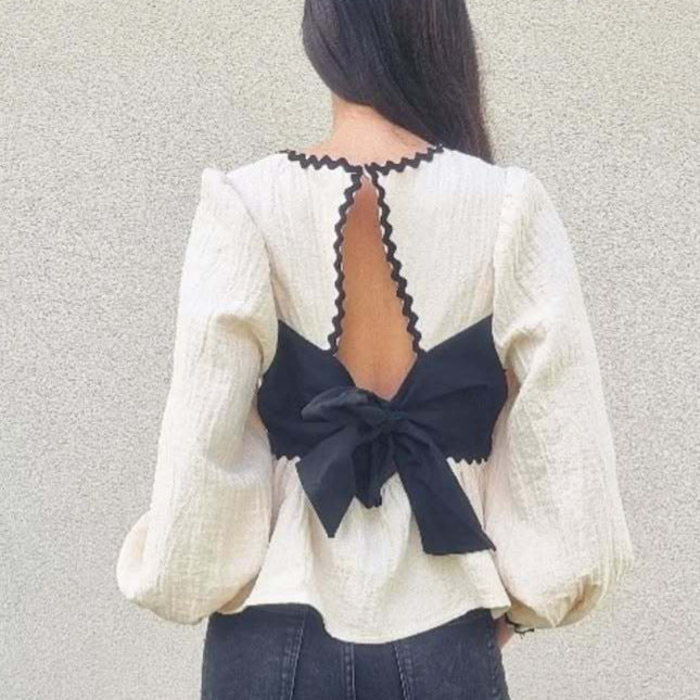 Patchwork Fashionable Sweet Puff Sleeve Top For Women