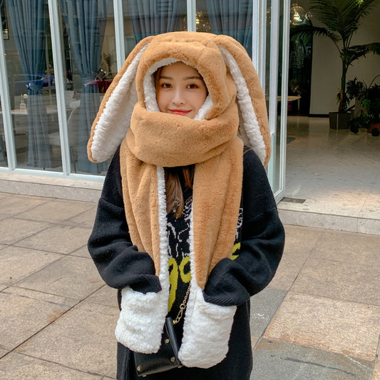 Women's Fashion Cute Rabbit Ears Plush Hat Scarf Gloves One Three Pieces Set
