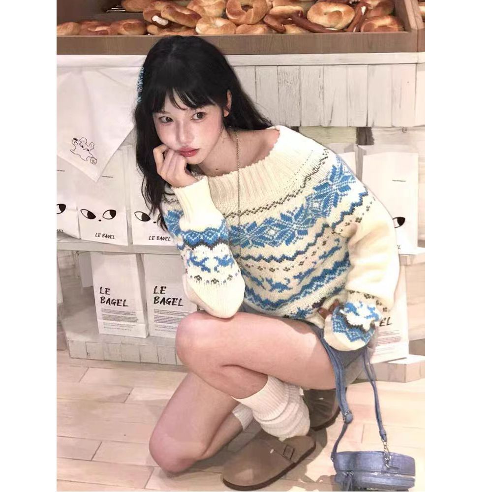 Off-shoulder Sweater Women's Vintage Knit Top
