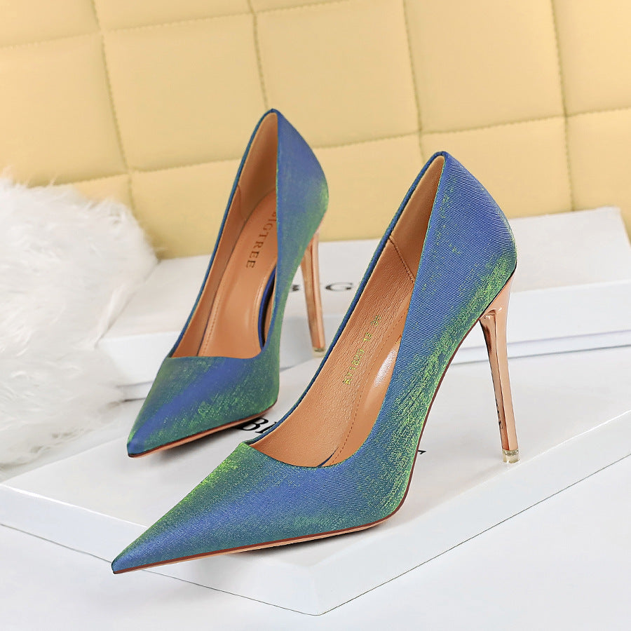 European And American Style Sexy Thin-heeled Satin Shallow Pointed High Heels