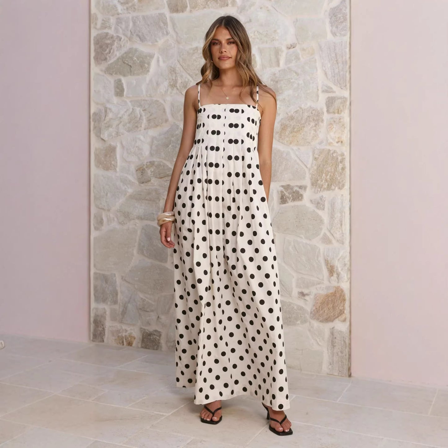 Summer Polka Dot Printed Pleated Sweet Strap Mid Length Dress