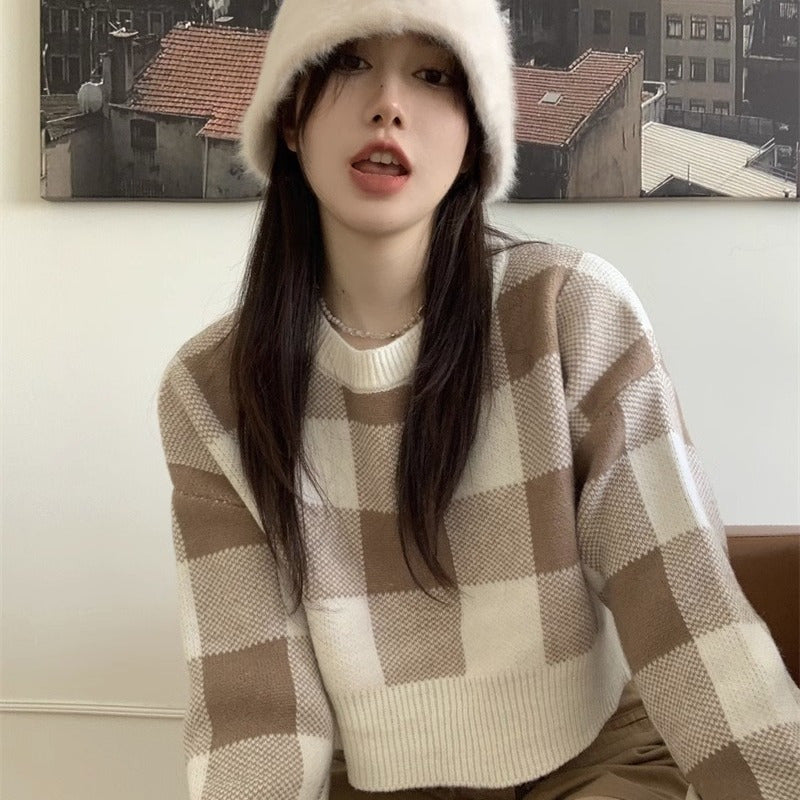 Dame, sød, alsidig kort sweater med tern