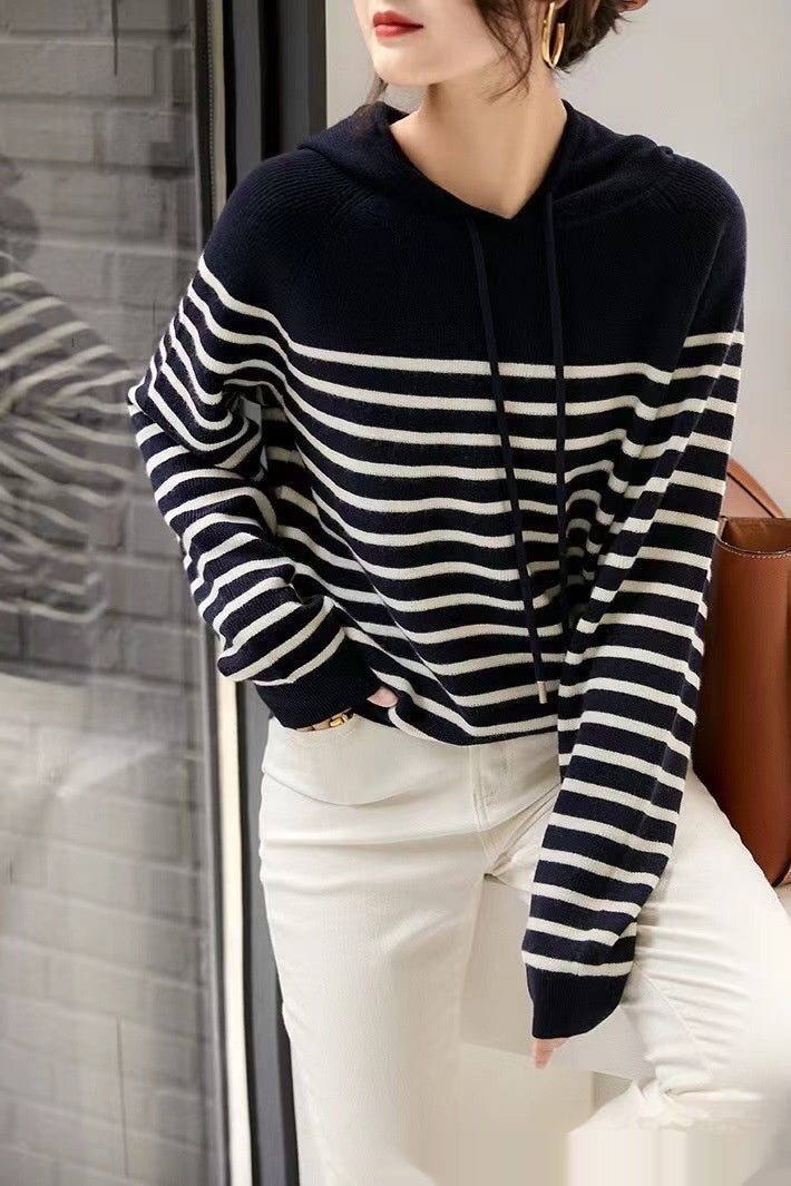 Women's Wool Knitted Hooded Sweater Pullover Stripe Loose