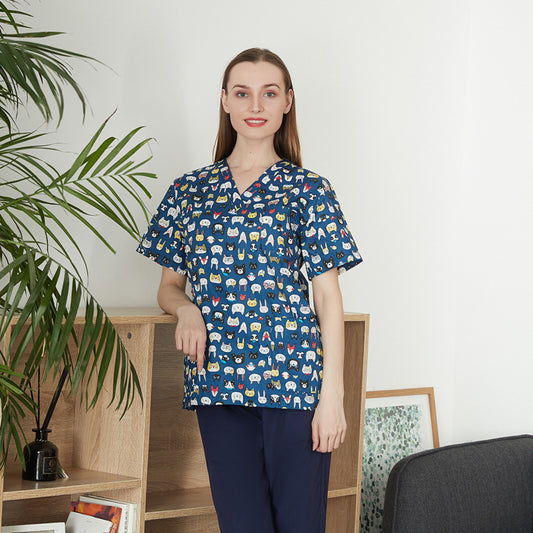 Men's And Women's V-neck Printed Surgical Clothes, Hand Washing Clothes, Work Clothes, Short Sleeves