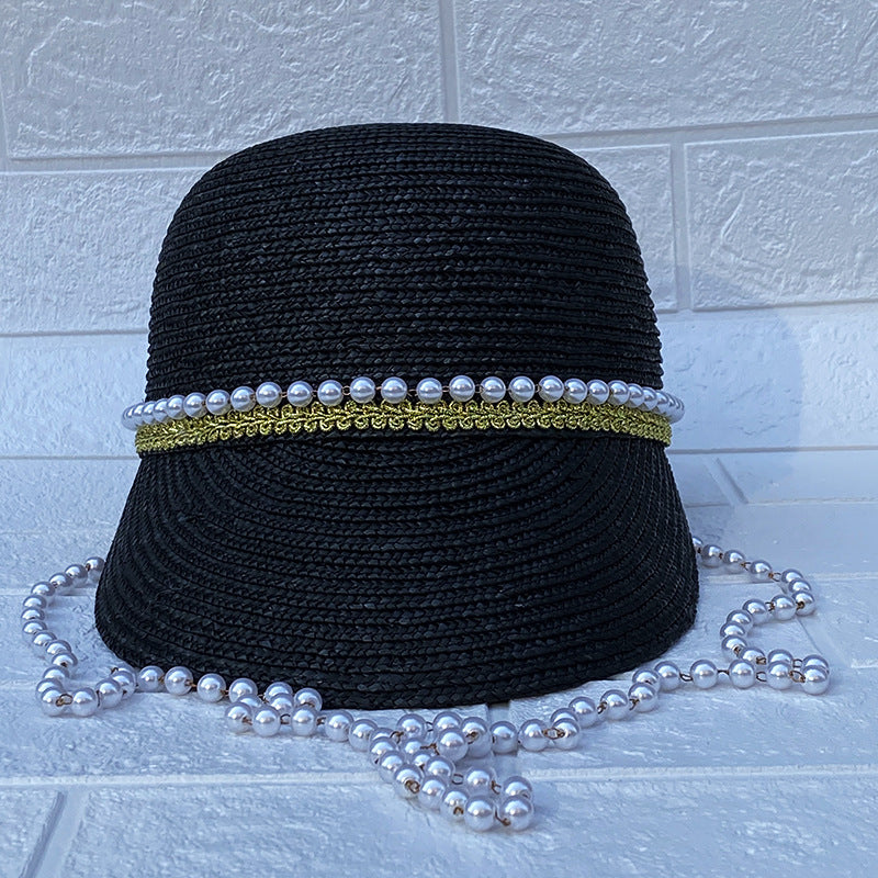 Handmade Pearl Chain Black Straw Hat