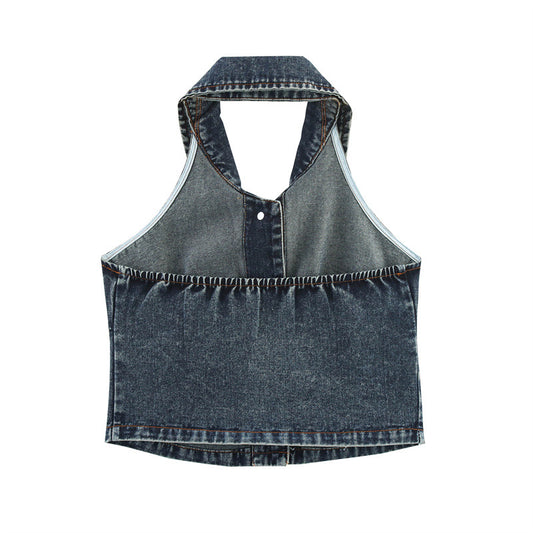 Sexy Big Backless Lapel Halter Denim Camisole