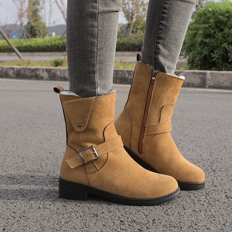 European And American Belt Buckle Flat-Bottomed Comfortable Warm Thin Boots