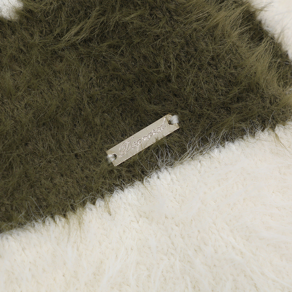 Contrast Color Striped Mink-like V-neck Sweater Coat
