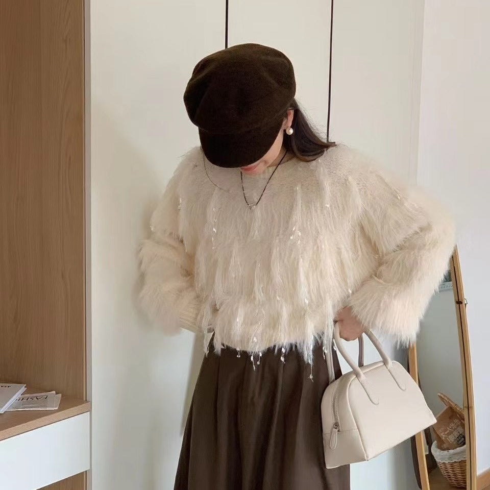 Sweet Style Mink Fur Pullover Highlight Strip Sweater For Women