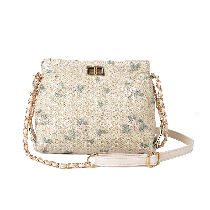 Lace embroidery straw woven square bag