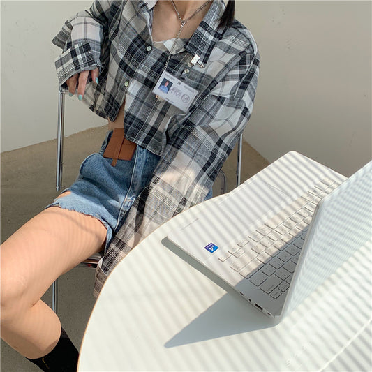 Long Sleeve Plaid Shirt + Irregular Ripped Jeans