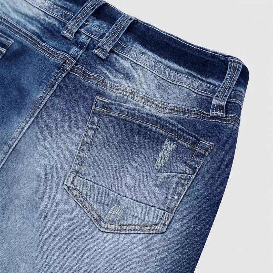 Ladies Mid Waist Stretch Washed Jeans Simple Slim Fit