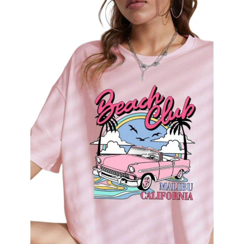Retro Biker's Pink Loose Printed All-matching T-shirt