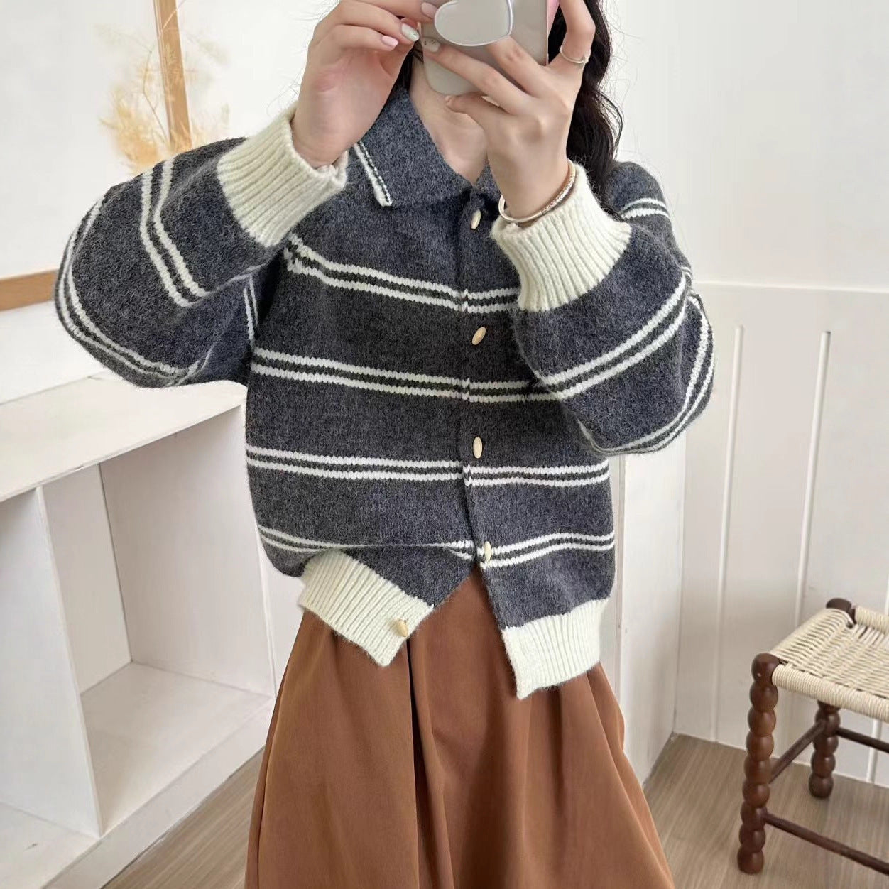 Korean Style Contrast Color Striped Lapel Sweater Cardigan