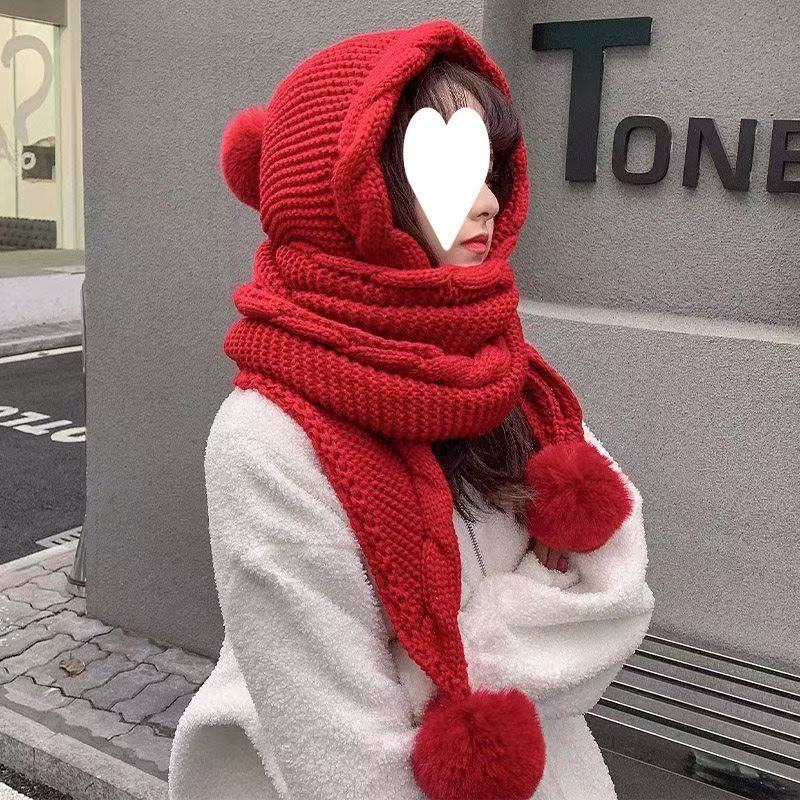 Korean-style Wool Hat Versatile Attached Scarf