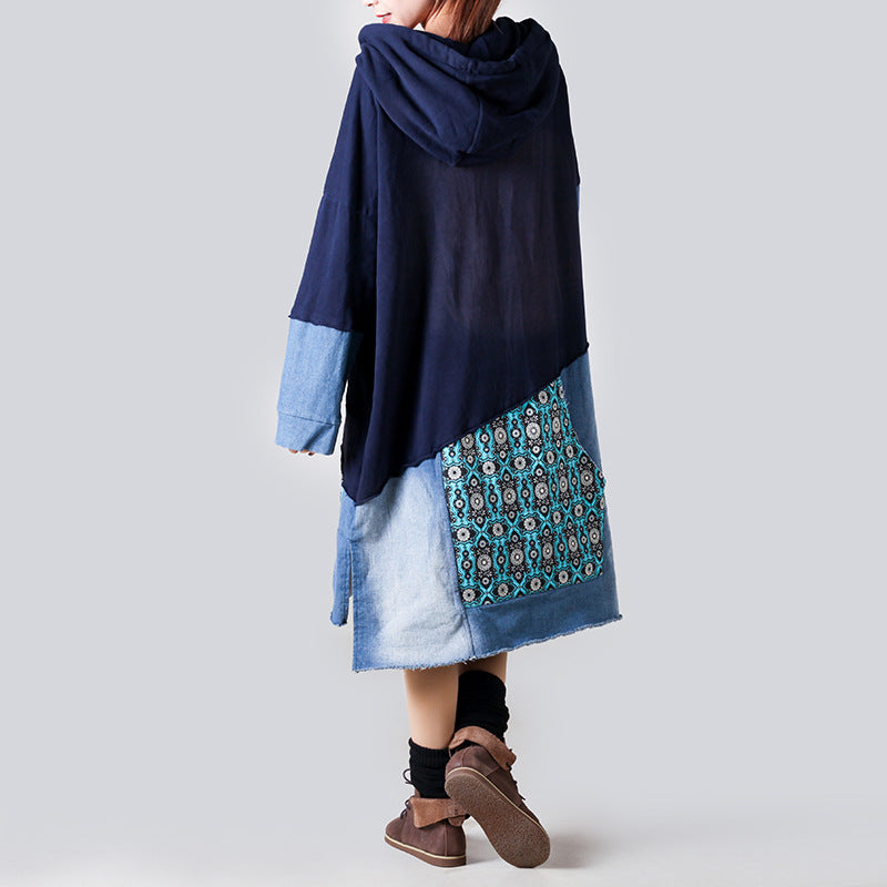Ny patchwork-hættetrøje i plus size til kvinder, mellemlang model