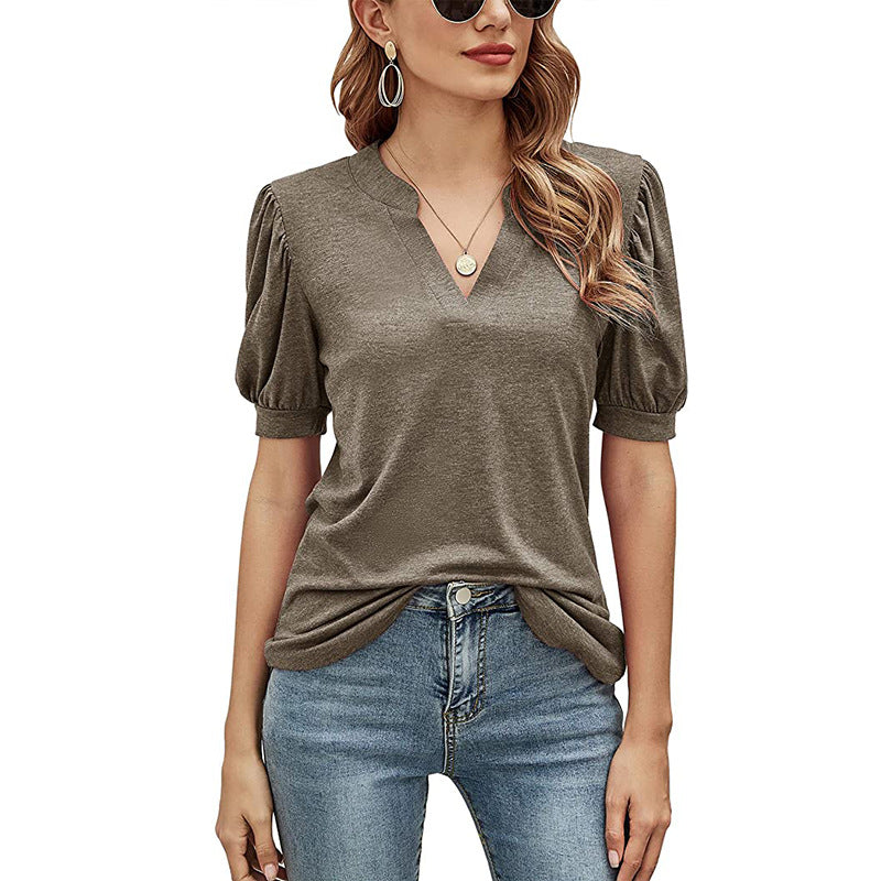 Women's New Casual V-neck Puff Sleeve Loose T-shirt Women